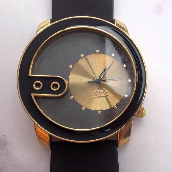 Flud Spinning Gold Record Quartz Watch Gold w Black Enamel - Picture 1 of 16